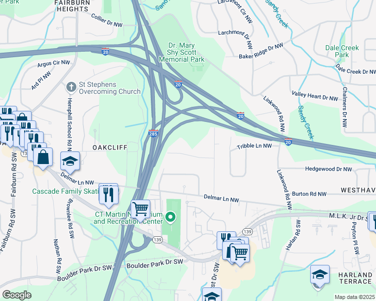 map of restaurants, bars, coffee shops, grocery stores, and more near 3155 Oakcliff Road Northwest in Atlanta