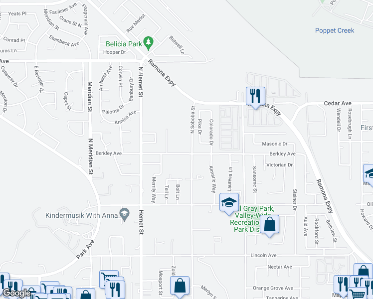map of restaurants, bars, coffee shops, grocery stores, and more near 701 North Soboba Street in Hemet