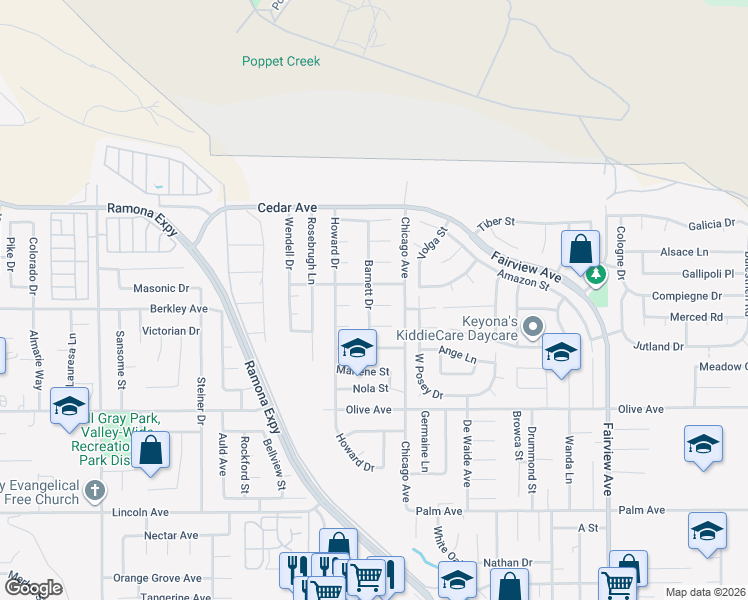 map of restaurants, bars, coffee shops, grocery stores, and more near 43422 Riley Circle in Hemet