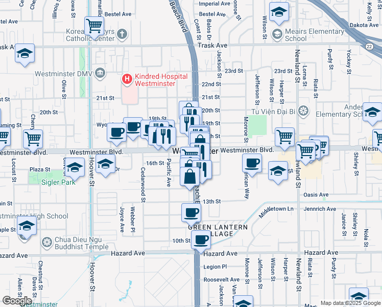 map of restaurants, bars, coffee shops, grocery stores, and more near in Westminster