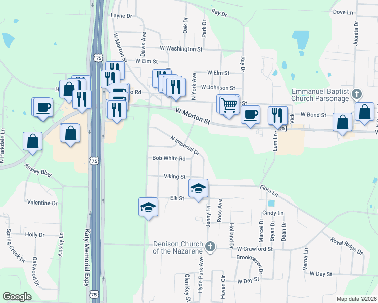 map of restaurants, bars, coffee shops, grocery stores, and more near 136 North Imperial Drive in Denison