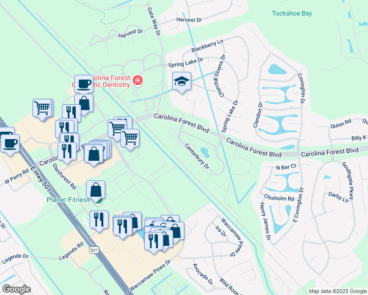 map of restaurants, bars, coffee shops, grocery stores, and more near 603 Kent Lane in Myrtle Beach