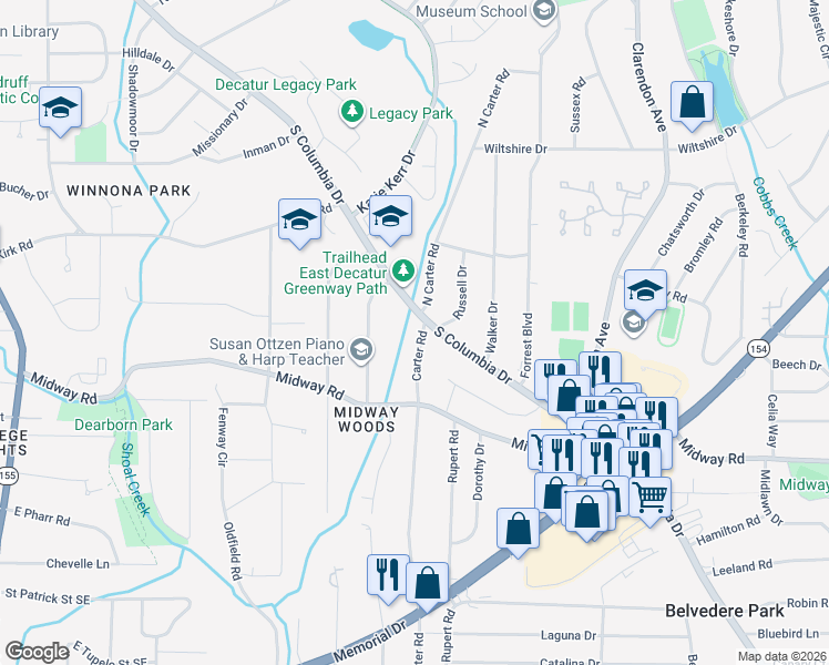 map of restaurants, bars, coffee shops, grocery stores, and more near 1221 Carter Road in Decatur