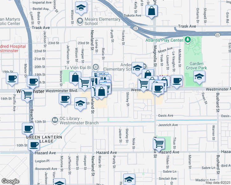 map of restaurants, bars, coffee shops, grocery stores, and more near 14019 Tiffany Drive in Westminster