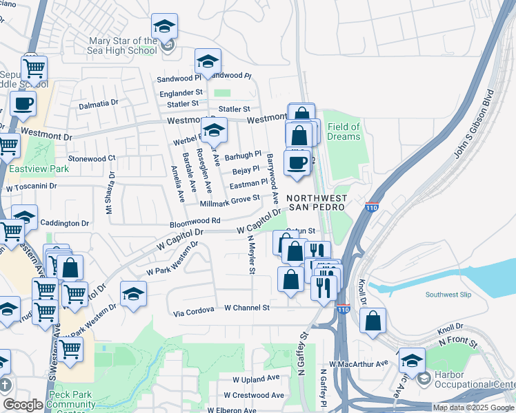 map of restaurants, bars, coffee shops, grocery stores, and more near 806 Bloomwood Road in Los Angeles