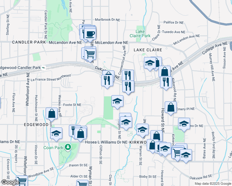 map of restaurants, bars, coffee shops, grocery stores, and more near 206 Rogers Street Northeast in Atlanta