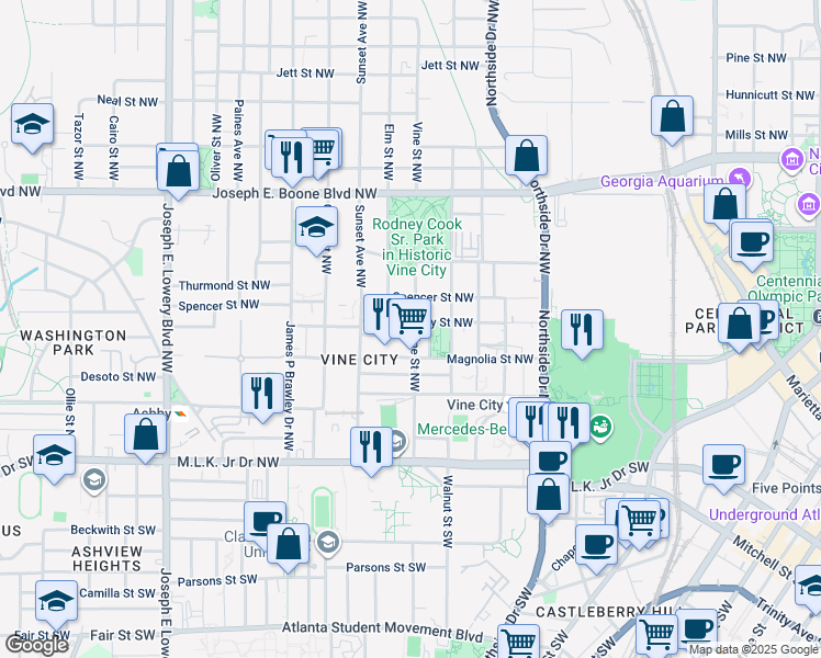 map of restaurants, bars, coffee shops, grocery stores, and more near 160 Vine Street Northwest in Atlanta