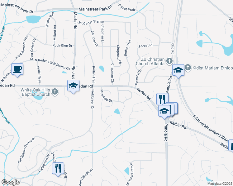 map of restaurants, bars, coffee shops, grocery stores, and more near 1175 Perry Way in Stone Mountain