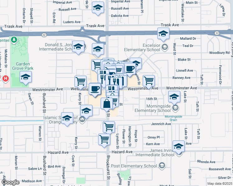 map of restaurants, bars, coffee shops, grocery stores, and more near 10076 Westminster Avenue in Garden Grove