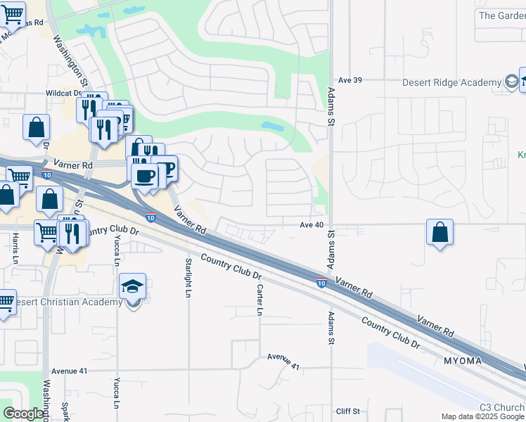 map of restaurants, bars, coffee shops, grocery stores, and more near 39959 Alba Way in Palm Desert