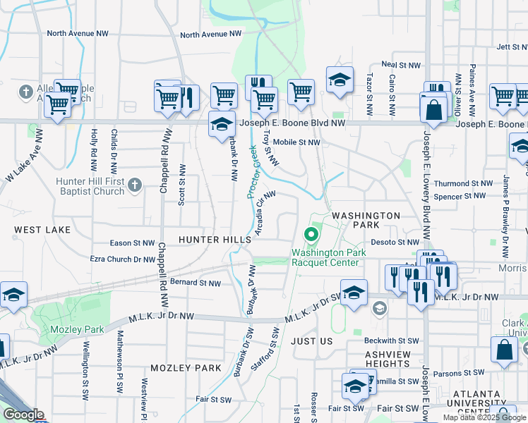 map of restaurants, bars, coffee shops, grocery stores, and more near 129 Arcadia Circle Northwest in Atlanta