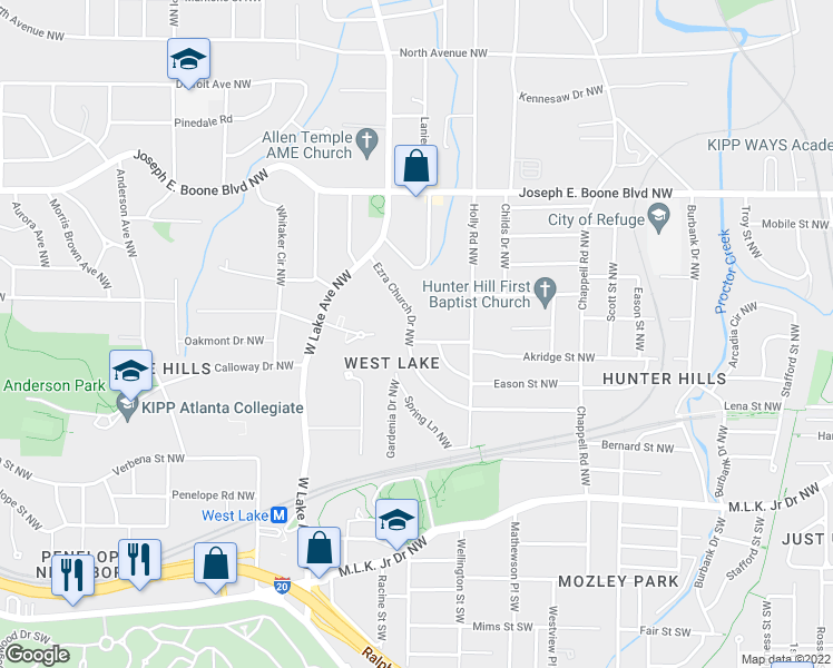 map of restaurants, bars, coffee shops, grocery stores, and more near 1605 Ezra Church Drive Northwest in Atlanta
