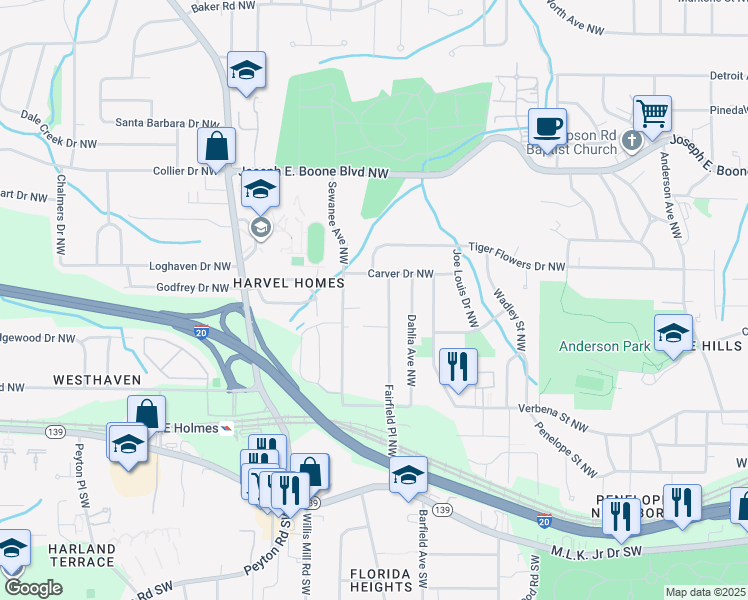 map of restaurants, bars, coffee shops, grocery stores, and more near 172 Fairfield Place Northwest in Atlanta
