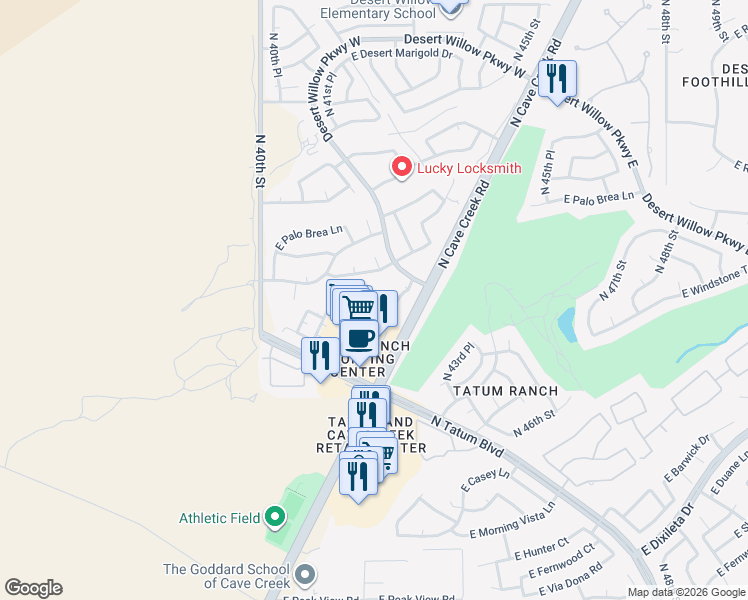 map of restaurants, bars, coffee shops, grocery stores, and more near 4158 East Hallihan Drive in Cave Creek