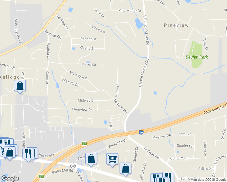 map of restaurants, bars, coffee shops, grocery stores, and more near 1735 Nutmeg Street in Douglasville