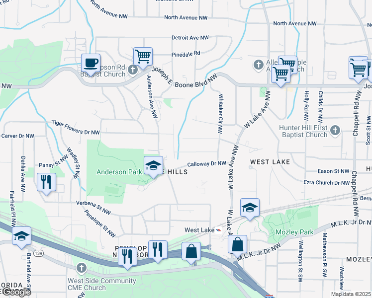 map of restaurants, bars, coffee shops, grocery stores, and more near 1867 Oakmont Drive Northwest in Atlanta
