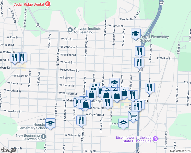 map of restaurants, bars, coffee shops, grocery stores, and more near 631 W Sears St in Denison