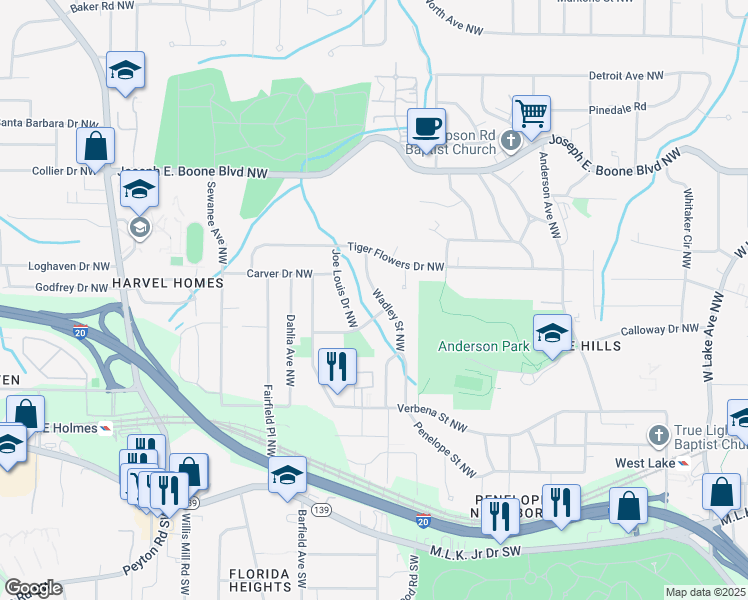 map of restaurants, bars, coffee shops, grocery stores, and more near 272 Wadley Street Northwest in Atlanta