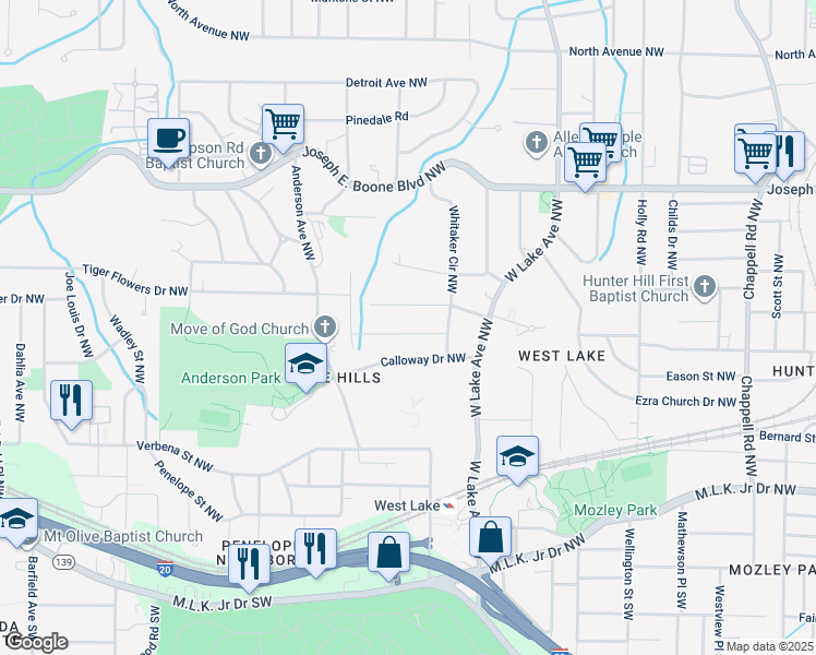 map of restaurants, bars, coffee shops, grocery stores, and more near 1831 Oakmont Drive Northwest in Atlanta