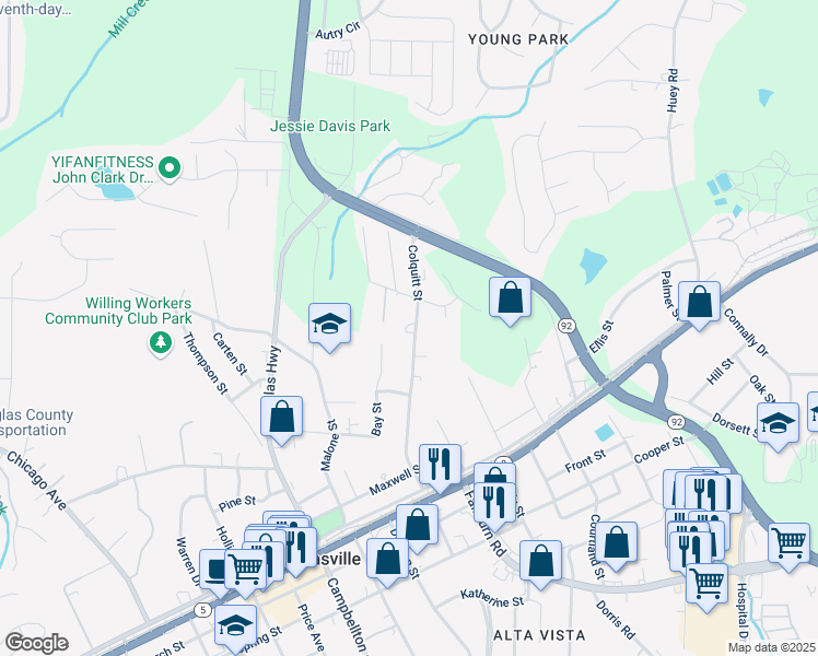 map of restaurants, bars, coffee shops, grocery stores, and more near 8038 Colquitt Street in Douglasville
