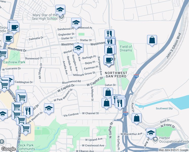 map of restaurants, bars, coffee shops, grocery stores, and more near 806 Bloomwood Road in Los Angeles