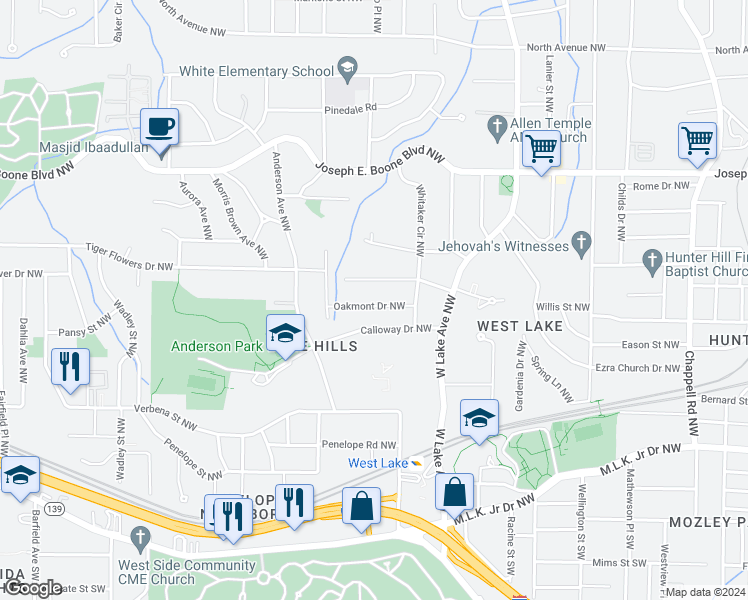 map of restaurants, bars, coffee shops, grocery stores, and more near 1837 Oakmont Drive Northwest in Atlanta