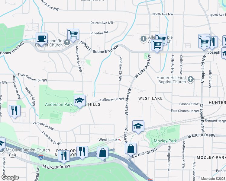 map of restaurants, bars, coffee shops, grocery stores, and more near 1789 Oakmont Drive Northwest in Atlanta