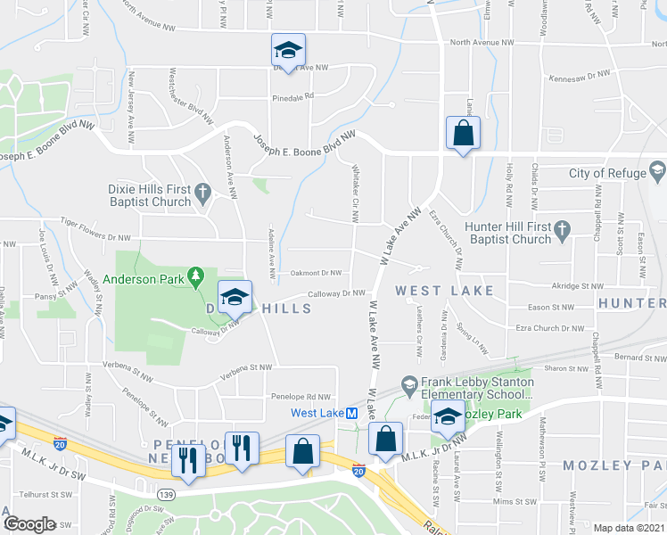 map of restaurants, bars, coffee shops, grocery stores, and more near 1807 Oakmont Drive Northwest in Atlanta