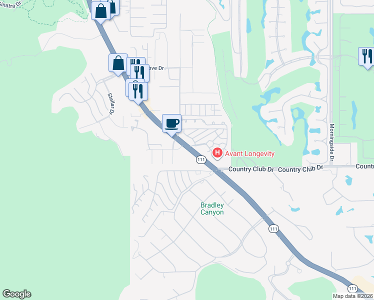 map of restaurants, bars, coffee shops, grocery stores, and more near 70265 California 111 in Rancho Mirage