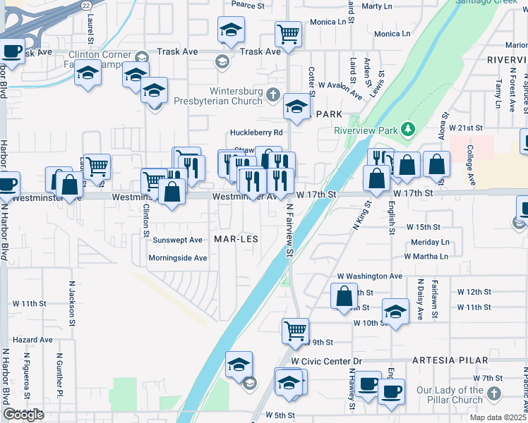 map of restaurants, bars, coffee shops, grocery stores, and more near 1601 North Huron Drive in Santa Ana