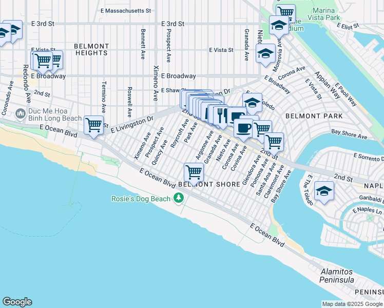 map of restaurants, bars, coffee shops, grocery stores, and more near 124 Saint Joseph Avenue in Long Beach