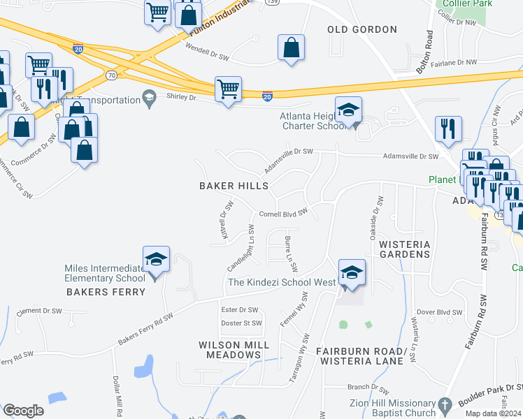 map of restaurants, bars, coffee shops, grocery stores, and more near 4021 Cornell Boulevard Southwest in Atlanta