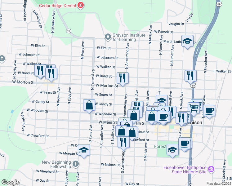 map of restaurants, bars, coffee shops, grocery stores, and more near 831 West Sears Street in Denison