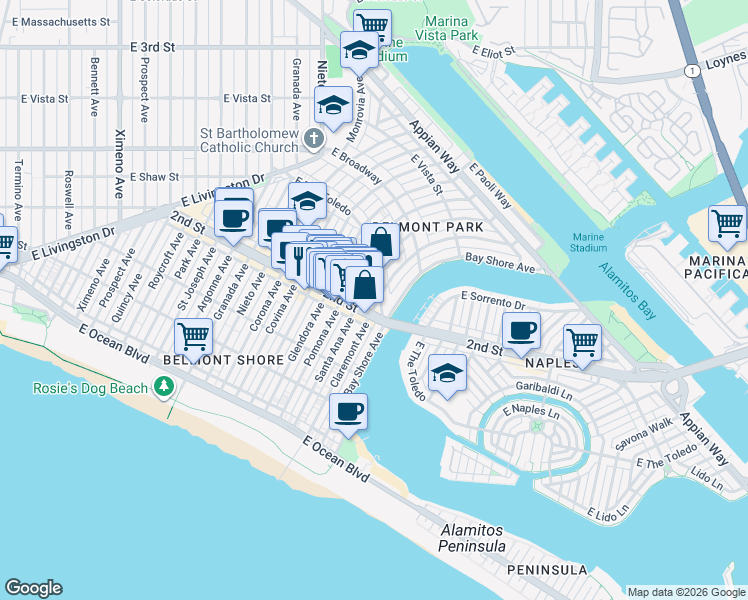 map of restaurants, bars, coffee shops, grocery stores, and more near 5353 2nd Street in Long Beach