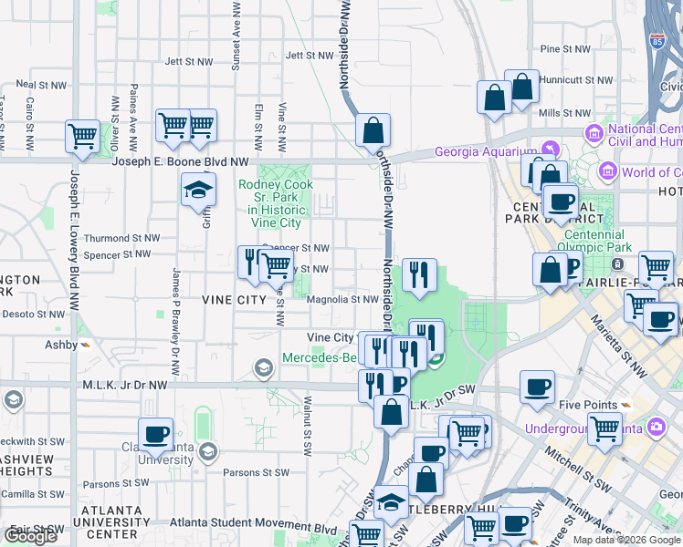 map of restaurants, bars, coffee shops, grocery stores, and more near 534 Foundry Street Northwest in Atlanta