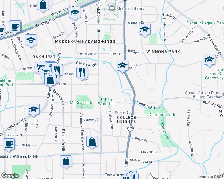 map of restaurants, bars, coffee shops, grocery stores, and more near 139 East Hill Street in Decatur