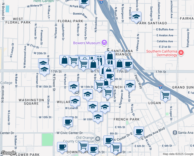 map of restaurants, bars, coffee shops, grocery stores, and more near 1600 North Broadway in Santa Ana