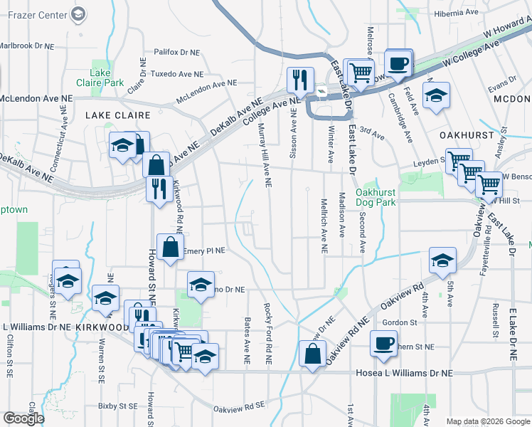 map of restaurants, bars, coffee shops, grocery stores, and more near 224 Murray Hill Avenue Northeast in Atlanta