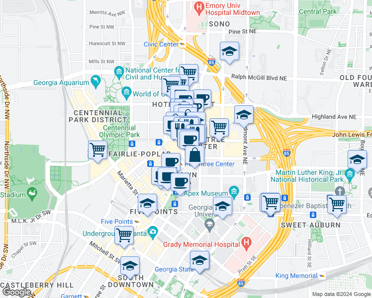 map of restaurants, bars, coffee shops, grocery stores, and more near 191 Peachtree Street in Atlanta