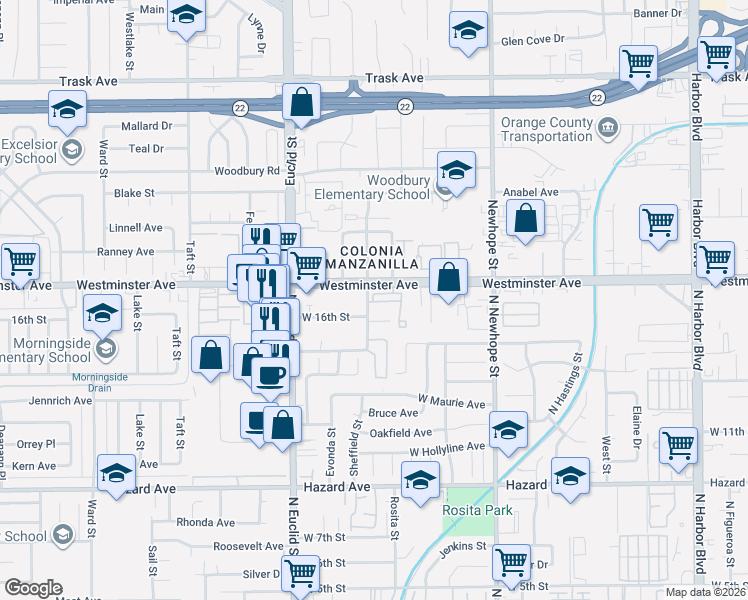 map of restaurants, bars, coffee shops, grocery stores, and more near 4822 Keywood Lane in Santa Ana