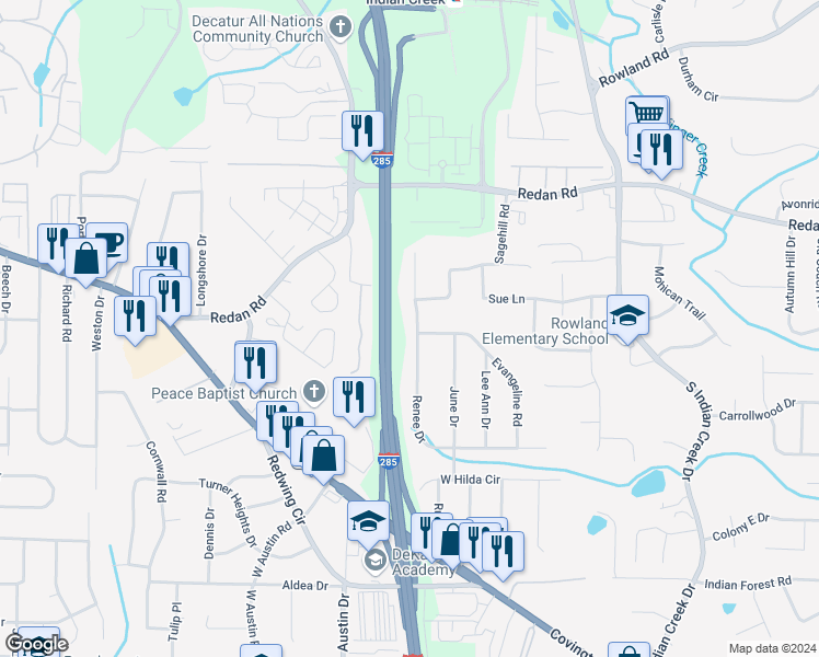 map of restaurants, bars, coffee shops, grocery stores, and more near 1197 Renee Drive in Decatur
