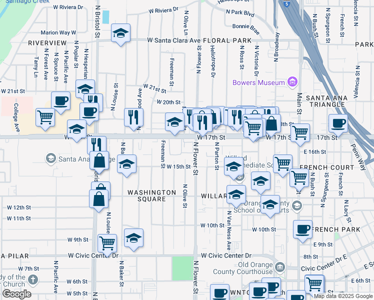 map of restaurants, bars, coffee shops, grocery stores, and more near 970 West 17th Street in Santa Ana