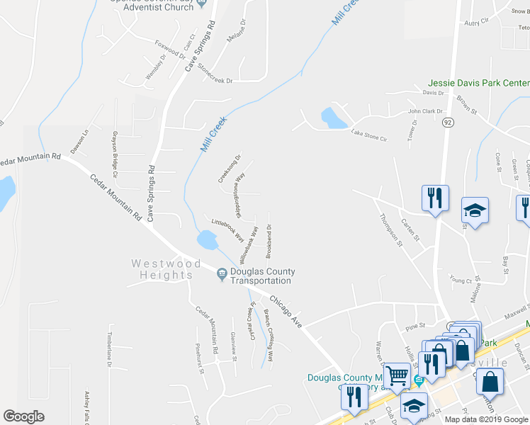 map of restaurants, bars, coffee shops, grocery stores, and more near 8125 Brookbend Drive in Douglasville