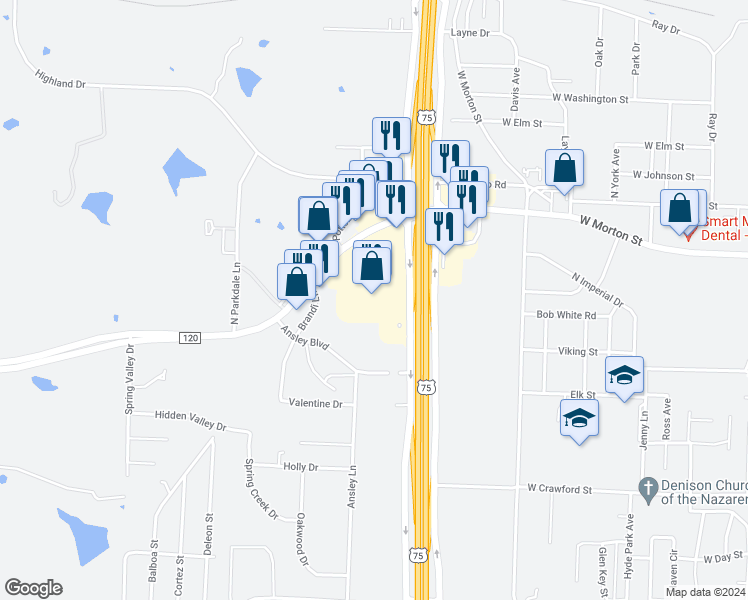 map of restaurants, bars, coffee shops, grocery stores, and more near 401 North Highway 75 in Denison