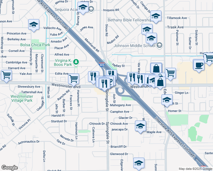 map of restaurants, bars, coffee shops, grocery stores, and more near Westminster Blvd & Springdale St in Westminster