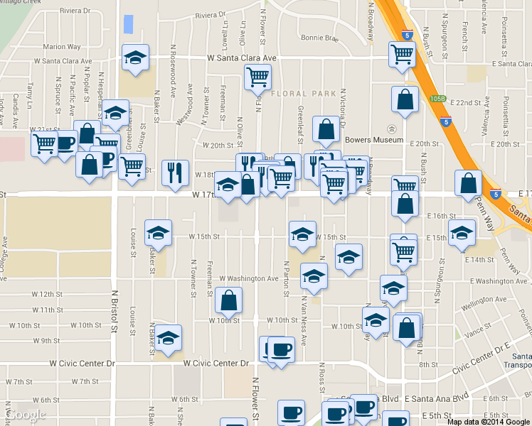 map of restaurants, bars, coffee shops, grocery stores, and more near 1605 N Flower St in Santa Ana