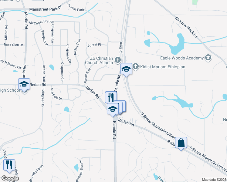 map of restaurants, bars, coffee shops, grocery stores, and more near 1182 Panola Road in Stone Mountain