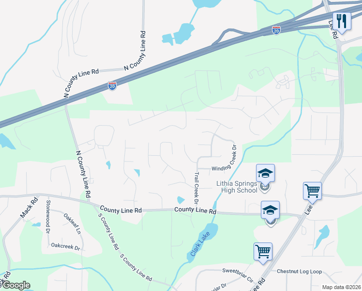 map of restaurants, bars, coffee shops, grocery stores, and more near 2767 Woodbine Trail in Lithia Springs