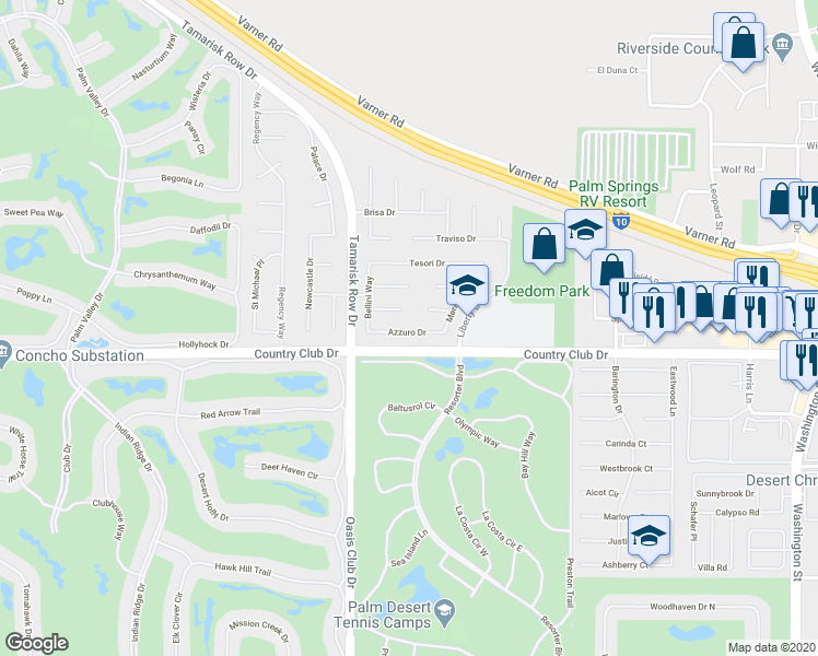 map of restaurants, bars, coffee shops, grocery stores, and more near 112 Azzuro Drive in Palm Desert