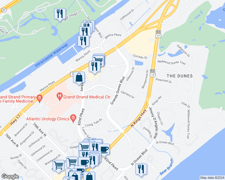 map of restaurants, bars, coffee shops, grocery stores, and more near Cipriana Drive in Myrtle Beach